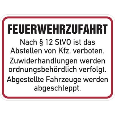 Hinweisschild Feuerwehrzufahrt, Feuerwehrzufahrt nach §12 StVO - 400x300x0.6 mm Aluminium geprägt