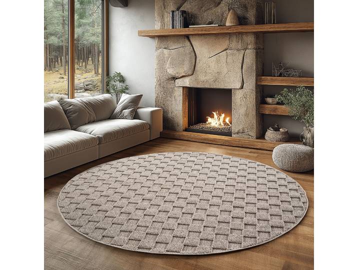 Teppich AYYILDIZ TEPPICHE HELIX 2203 , auch als Läufer und Rund erhältlich , beige, H:7mm Ø:200cm, Teppiche, Teppich, 3D-Effekt durch Cut-Loop-Webtechnik, Woll-Optik, Bouclé, Wohnzimmer