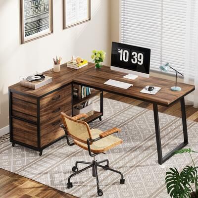 Bluebell Reversible L Shaped Desk With File Drawers, Corner Computer Desk