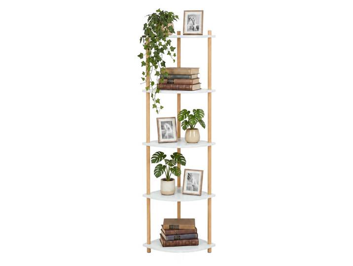 Relaxdays Eckregal Natur-Weiß 5 Ebenen Bambus, Holzwerkstoff, Holz, 38x143.5x25 cm, Wohnzimmer, Regal, Eckregale