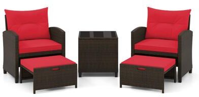 Costway 5 Pieces Patio Rattan Furniture with 2 Ottomans and Tempered Glass Coffee Table-Red