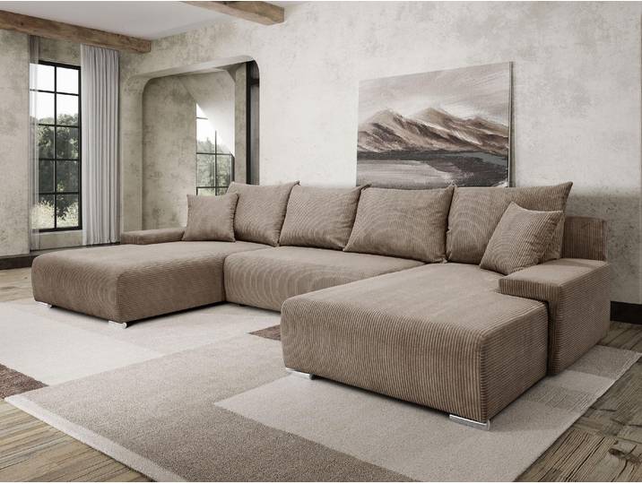 Margaret Hadas24 Ecksofa U Form Ecksofa Lauren 348x188cm mit Schlaffunktion und Bettkasten, 5 Sitzer, Bettzeugablage, Big Sofa, Eckcouch, Cord, capuccino