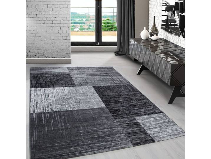Carpetsale24 Tapis de Salon à Motif Carreaux Chiné Noir Tapis 200x290 cm - Poil Court Moelleux et Tendance