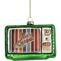 Christbaumschmuck 9cm Glas Fernseher Figur Handbemalt & mit Glitzer Weihnachtsbaum Anhänger Weihnachten Weihnachtsbaumschmuck TV Fernsehgerät Grün