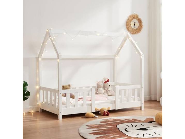 [en.casa] Kinderbett Sisimiut 70x140 cm Weiß Hausbett, Montessori Bett, mit Rausfallschutz, Holzbett für Kinder, Bodenbett, Bettgestell mit Lattenrost, Kiefernholz