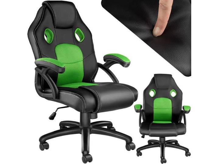 FAUTEUIL DE BUREAU - TECTAKE - Chaise gamer MIKE Chaise de bureau Rembourrage épais Rotative à 360° - Noir/Vert
