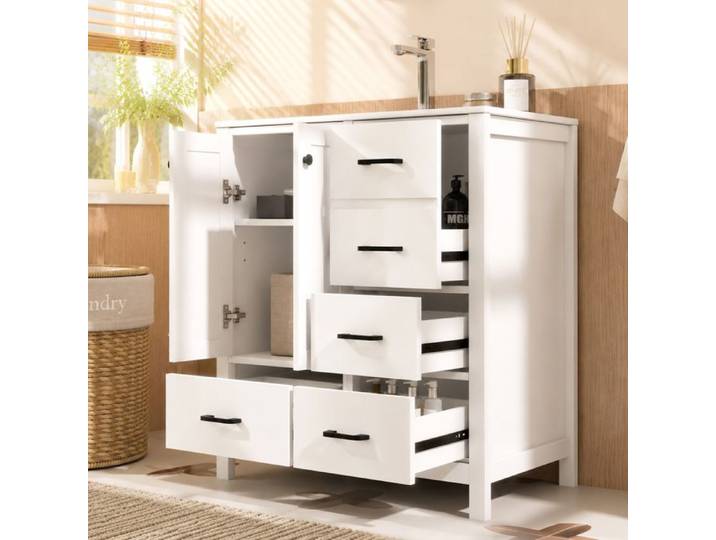 Meuble étagère 76*46*82 cm Lavabo de salle de bains indépendant Entièrement peint Plusieurs tiroirs pour le rangement Blanc