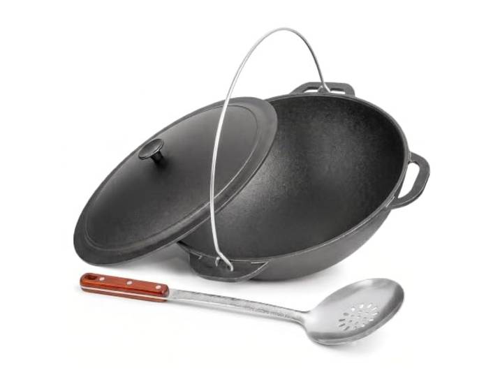 4BIG.fun Schwenktopf Kazan 10 L Camping Gusseisen mit Bügel und Deckel Schaumkelle Bräter Tatarskij Plow BBQ Grillen Kohle Kessel Außenküche Feldküche Zelten Gulasch Grillwok
