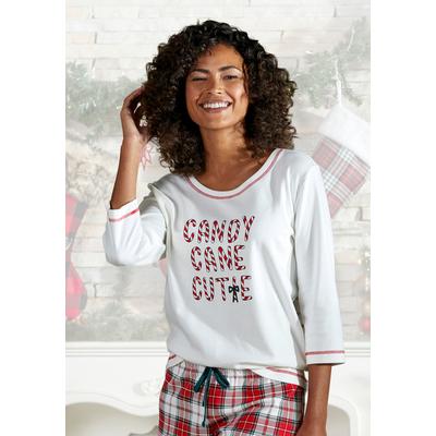 Pyjamaoberteil LASCANA, Damen, Gr. 44/46, beige (ecru), Interlock, Obermaterial: 100% Baumwolle, festlich, comfort fit hüftlang, Rundhals, kontrastfarben, Shirts Pyjama Nachtwäsche, mit Schriftzug
