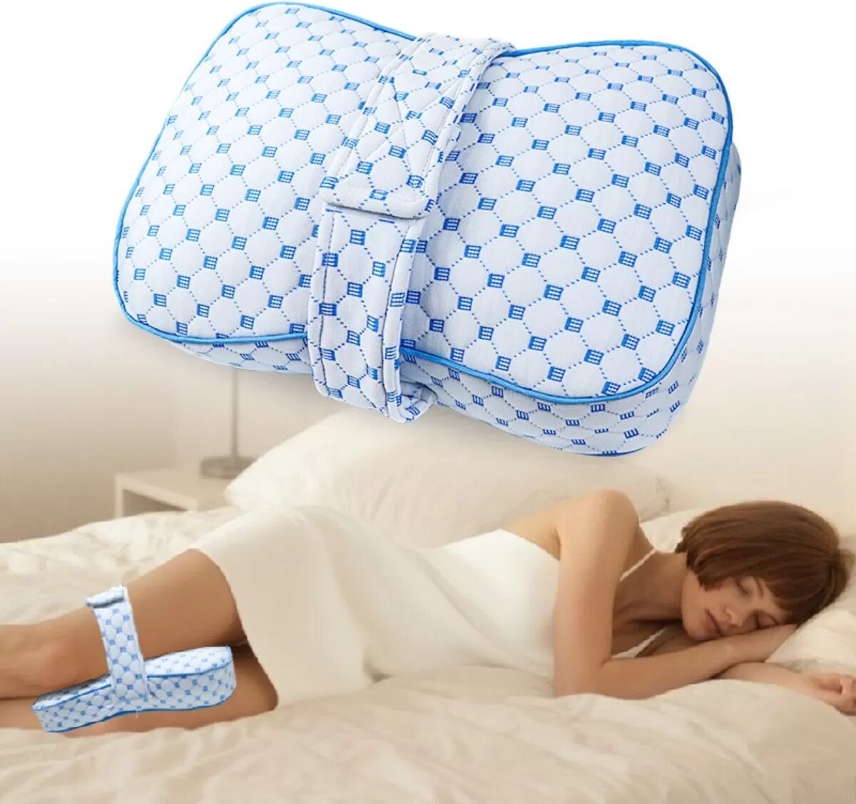 INF Oreiller Ergonomique Bleu Glacé pour Jambes avec Sangle - Support Genoux pour Dormeurs Latéraux