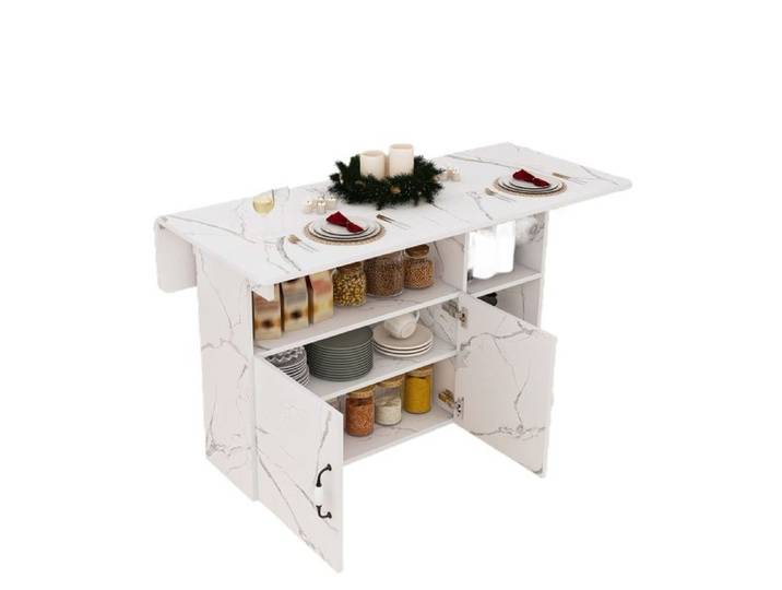 Table de cuisine pliable mobile blanche en MDF avec rangement placard et étagères ouvertes meuble de cuisine gain de place