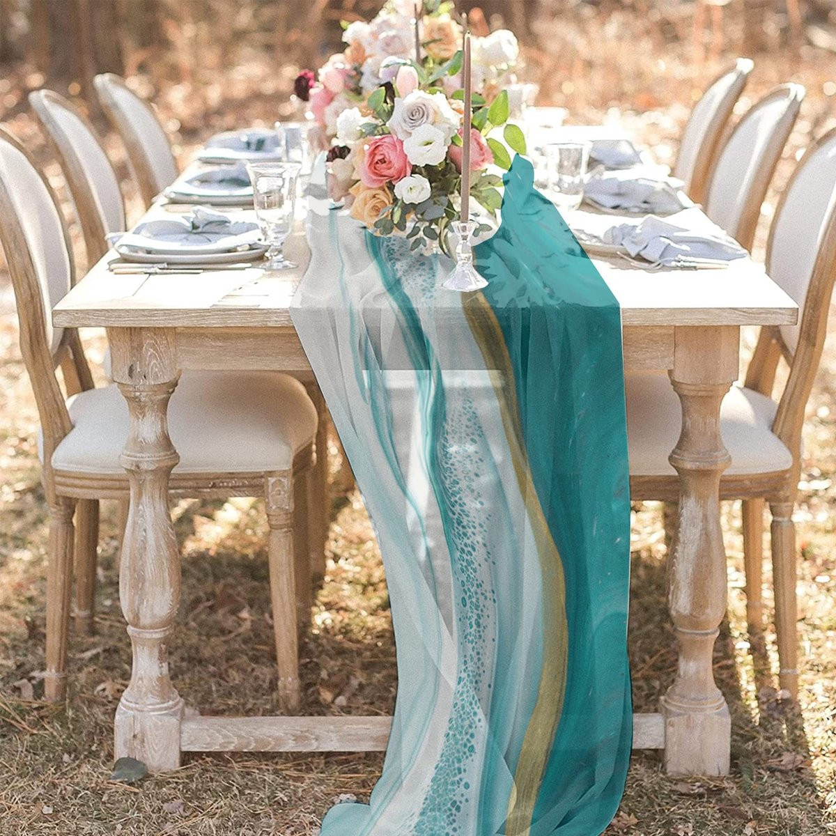 Transparante Voile Tafelrunner met Marmerpatroon - Chiffon - 69 x 304 cm