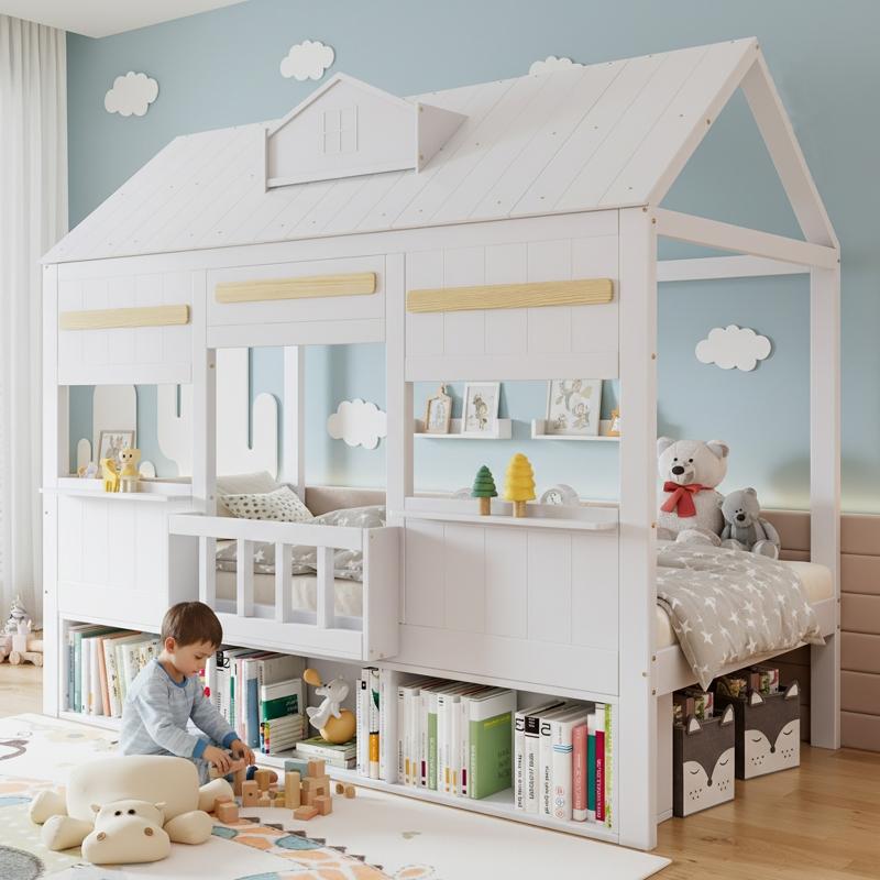 Hochbett Kinder 90x200 cm Weiß, hausförmiges Kinderbett aus Kiefer, MDF, Sperrholz mit Bücherregal und Lattenrost