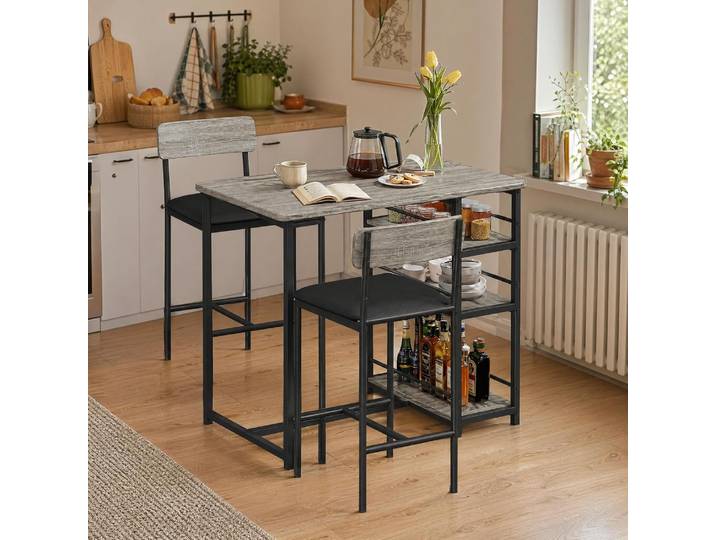 Table de bar et chaises pour 2 personnes, table de cuisine peu encombrante avec rangement et tabourets rembourrés, ensemble de mobilier de bar pour la maison, table sur pied avec tabouret.