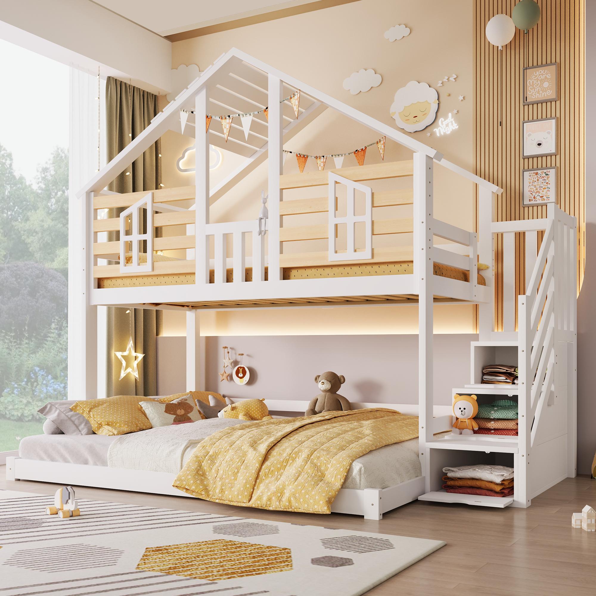 Etagenbett 90x200 cm + 140x200 cm, Hausdesign mit Fensterdekor, Stauraumtreppe und Geländer, Kiefernholz/MDF/Sperrholz, Weiß-Natur