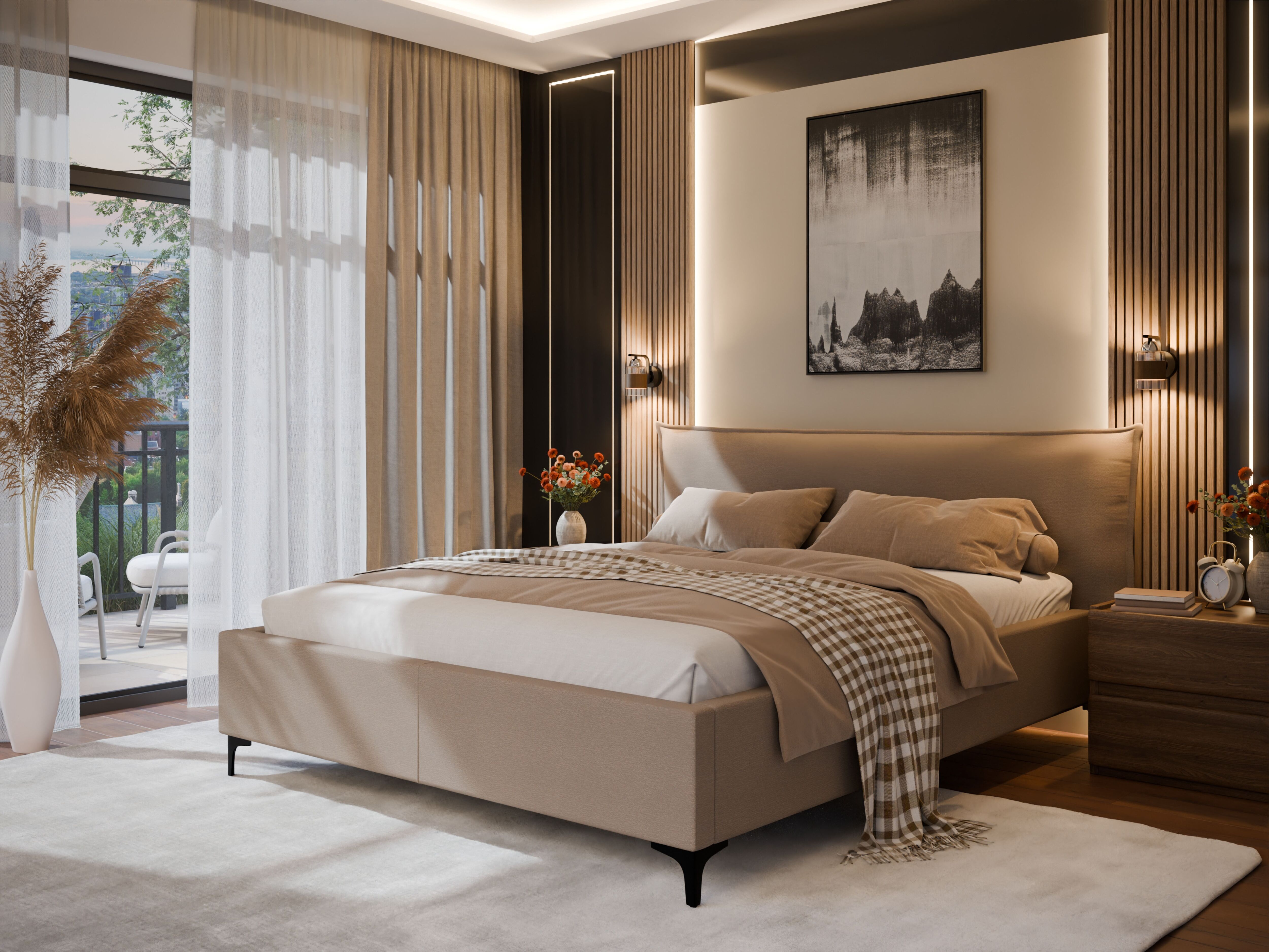 Polsterbett FORTE "Helsingborg", hellbraun, B:197cm L:222cm, Der Bezugsstoff VIBE ist die perfekte Wahl für Liebhaber von Schlichtheit, modernem Design und Funktionalität. Seine gleichmäßige, matte Chenille-Struktur kommt auf großen Möbelflächen wie Sofas