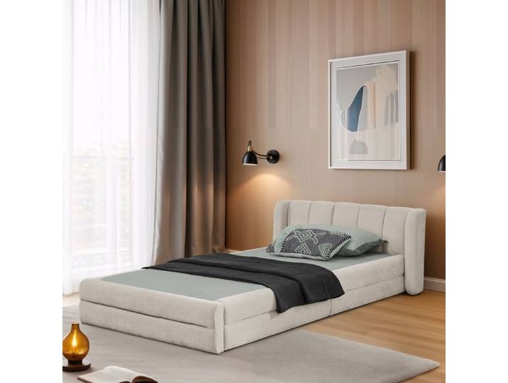 Lit simple - ZEVKOR - Lit Simple 1 Place - 90×200 cm - Tête de lit rembourrée - Chenille beige