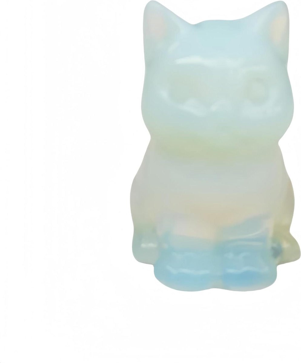 Handgesneden Kristallen Kat Figuur - Opaline Edelsteen Dierenbeeldje - Hoogte: 3,8 cm
