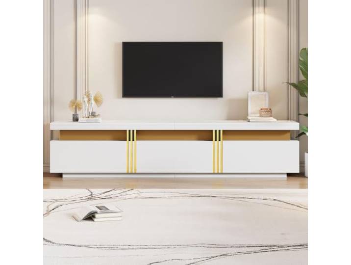 Weißer TV Schrank 200 cm mit 3 Schubladen - Modernes TV Unit für Wohnzimmer Goldakzenten und Stabilem Metallfuß, Lowboard mit Kunstmarmorplatte, 200 x 40 x 50 cm