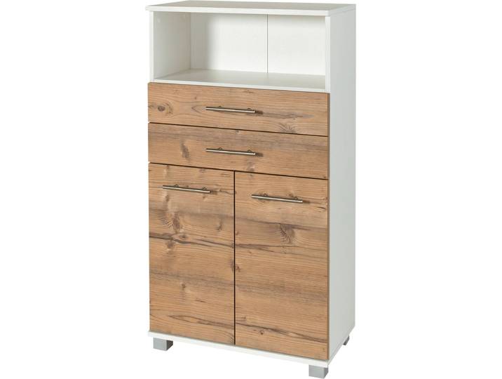 Midischrank WELLTIME Emmi, Breite 59 cm , weiss (weiß, silberfichte), B:60cm H:110,5cm T:32,5cm, FSC-zertifizierter Holzwerkstoff, Schränke, Midischrank, 2 Türen, Metallbeschläge