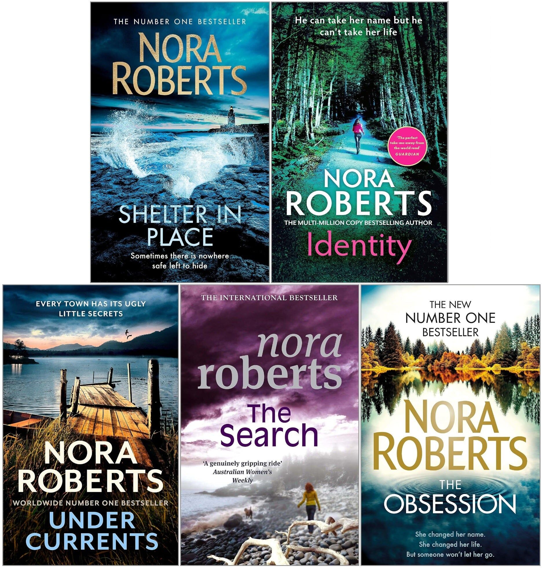 Piatkus Nora Roberts 5 Book Collection Set   The Obsession, Shelter in Place, The Search, Identity & Under Currents   Romantic Suspense & Thriller Novels