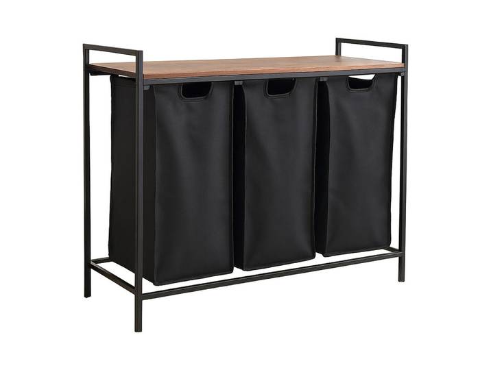 Relaxdays Wäschesammler Vintagebraun 3-Fächer Holzoptik, Schwarz, Metall, 92.5x72x33 cm, Haushalt & Reinigung, Wäschepflege, Wäschekörbe & Wäschetonnen