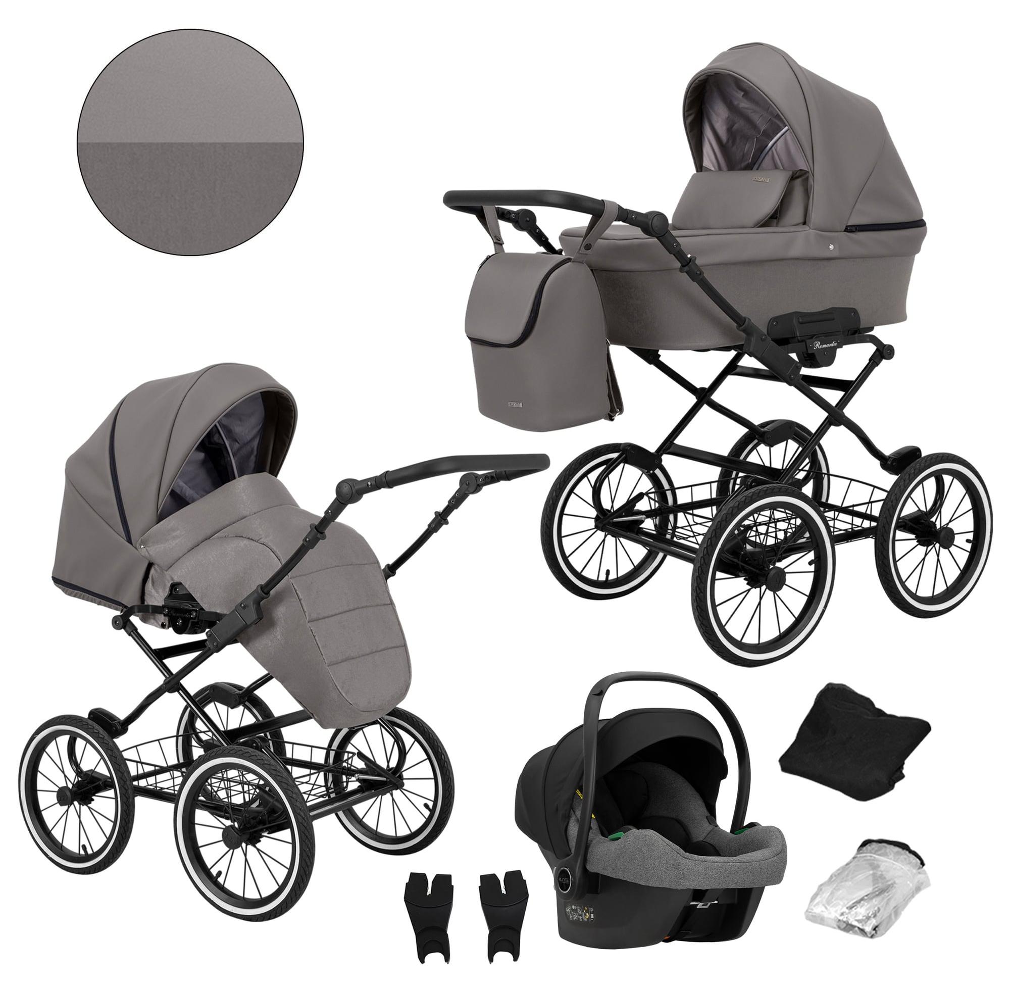 Kunert Romantic 3-in-1 Kombikinderwagen Graphit Eco mit Babyschale, schwarzer Rahmen