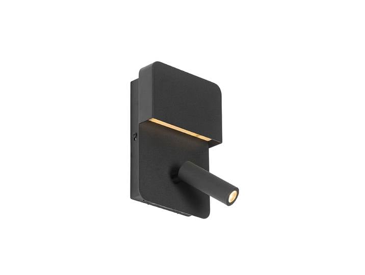 Applique murale noire avec LED, USB et liseuse avec interrupteur