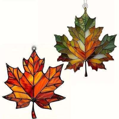 Useful Little Things 2D Flat Thanksgiving Acrylic Maple Leaf Light Catcher Classic Autumn Home Door Decor Christmas New Year Gift 2pcs
