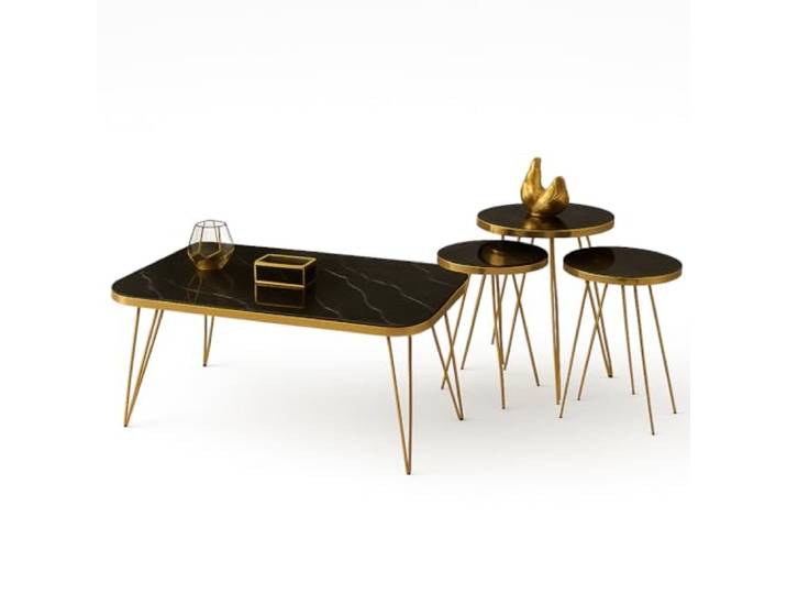 Jungengel Couchtisch Set 4-teilig Marmor-Optik SCHWARZ Beistelltisch - Wohnzimmertisch Sofatisch Metallrahmen Ablage platzsparend modern Satztische