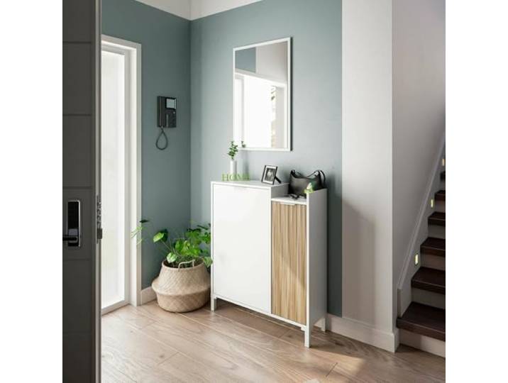 Dmora - Flurmöbel Williamsport, Flur mit 2 Türen, Kleiderschrank mit Spiegel, Multifunktionsaufbewahrung, 77x24h91 cm, Weiß und Eiche