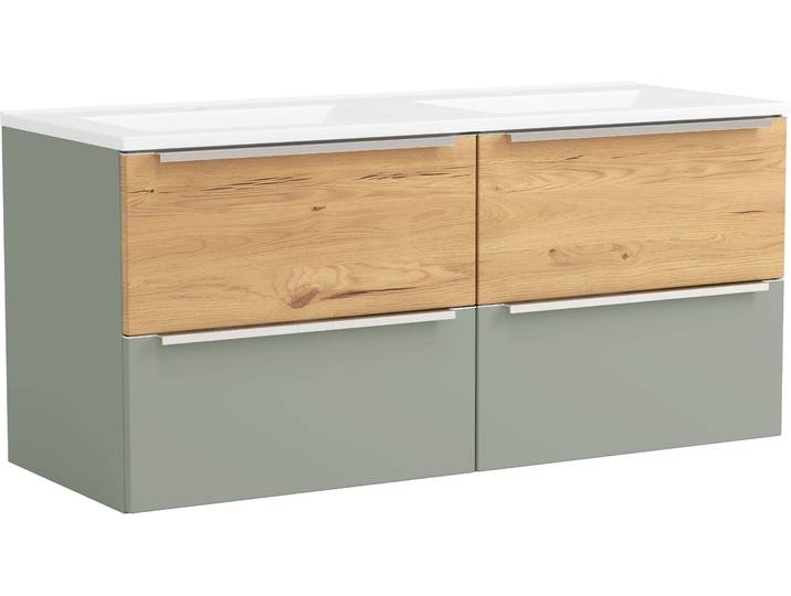 Waschtisch WELLTIME TRIENT, Softclose-Auszüge, Mineralgussbecken , schilfgrün, wildeiche, schilfgrün, B:120cm H:54cm T:47cm, Waschtische, Waschtisch, schilfgrün/wildeiche, Mineralgussbecken