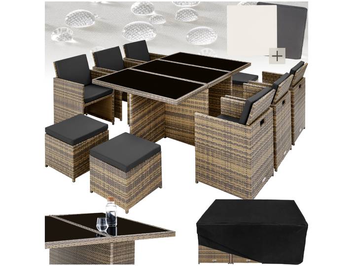 Aluminium Rattan Sitzgruppe New York 6+4+1 mit Schutzhülle - natur