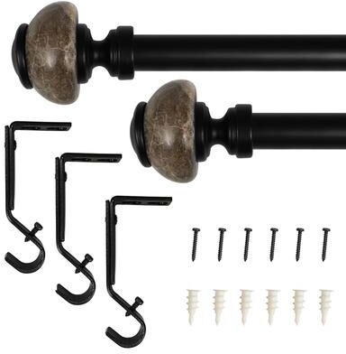 Lumi Home Furnishings "Lumi 3/4"" Single Curtain Rod Set Matte Black- Natural Marble finials"