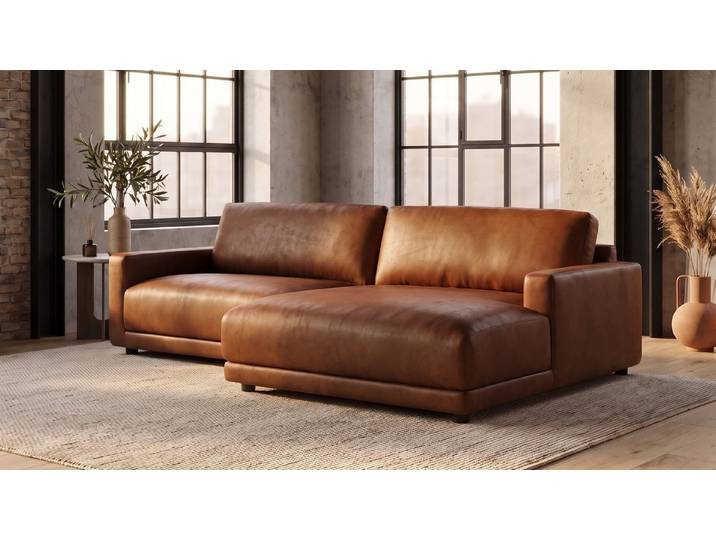 KAWOLA Ecksofa MARLIN Ecksofa aus Lederfaserstoff, cognac, Longchair rechts, Ecksofa Lederfaserstoff cognac Longchair rechts