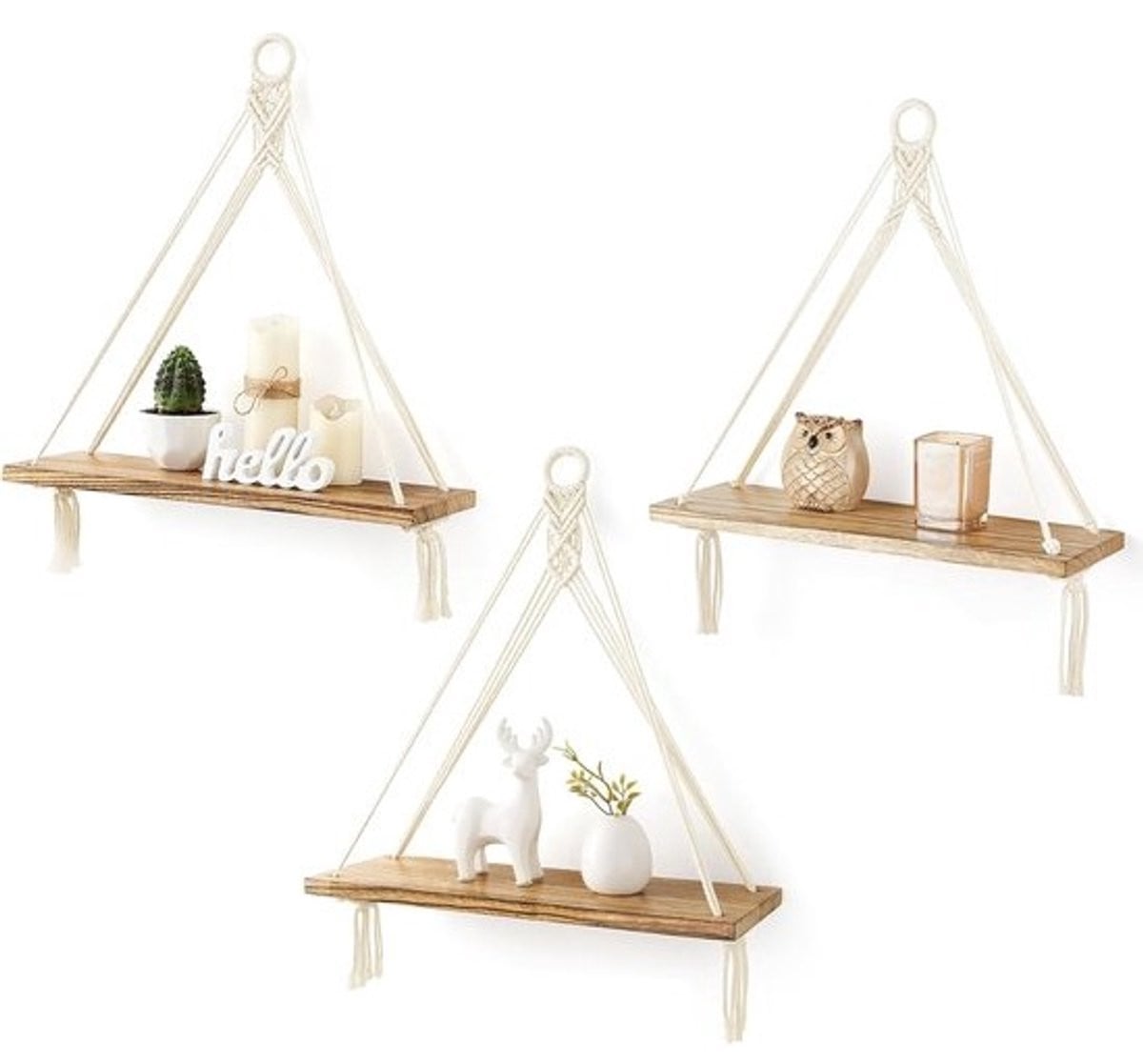Boho Wanddecoratie Set van 3 Rustieke Houten Wandplanken voor Opberg en Display