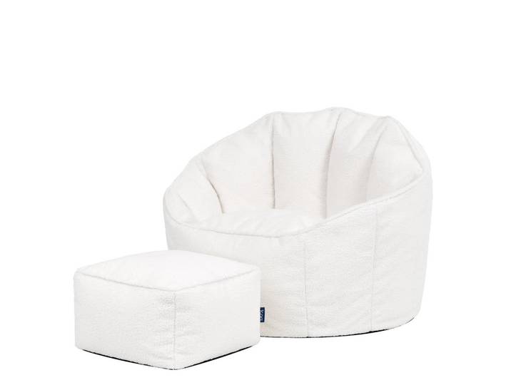 icon Sitzsack mit Hocker aus Boucle Sirena, Creme, 170 L, Rund, 77x64x74 cm, Wohnzimmer, Sessel, Sitzsäcke, XXL Sitzsäcke