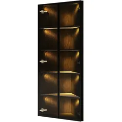 OKWISH Eckvitrine MDF und Glas Schwarz 62x35x160 cm mit LED-Beleuchtung und Soft-Close-Türen