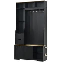 MODFU Kompaktgarderobe MDF und Spanplatte Schwarz mit Sitzbank, Schuhfächern und App-LED