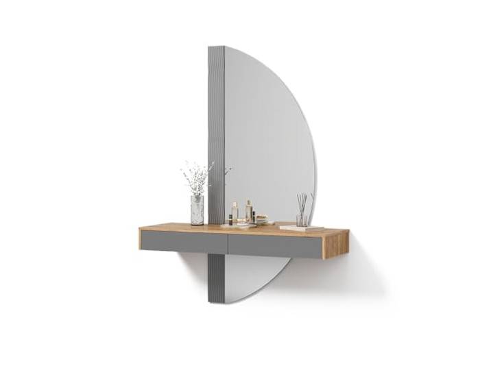 Livinity Schminktisch Ascona , Grau 120 cm Schminkkonsole · LED-Spiegel · Wandhängend · Halbmondspiegel · Geriffelte Seitenleiste