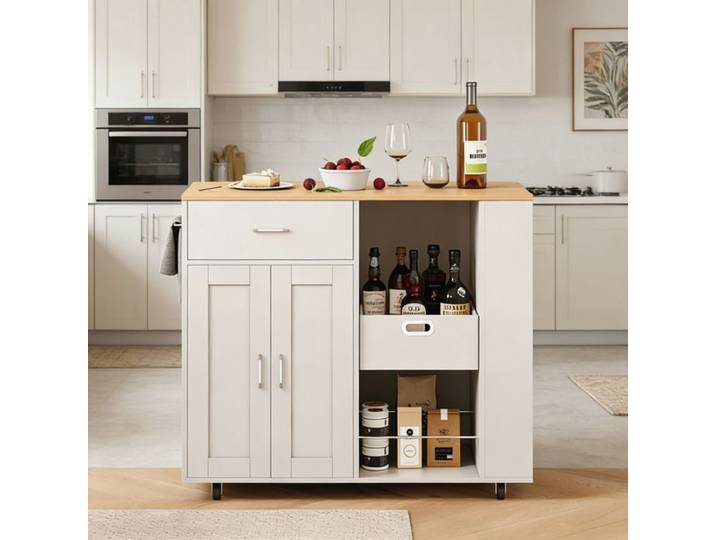 Buffet Cuisine Bas - Buffet Salle à Manger avec 4 Roulettes - Buffet Salon avec Rangement & Tiroirs - Buffet Bois Mobile - Blanc