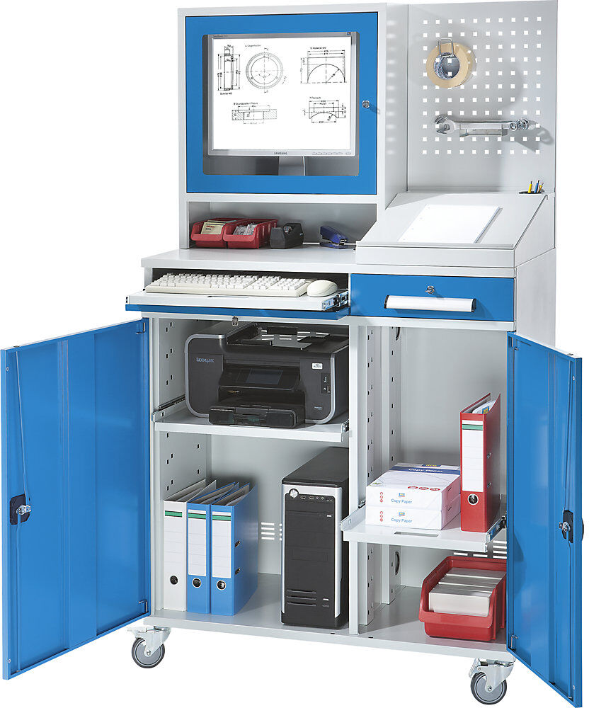 Computer-Arbeitsstation, Stahlblech, HxB 1770 x 1100 mm, mit Monitorgehäuse, Lochwand, Pultaufsatz, Türfarbe Lichtblau eurokraft pro