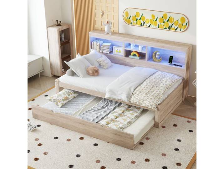Lit gigogne - MAISENTIEL - Maisentiel - 90×200 cm - LED d'ambiance télécommandée - Prise USB & rangement