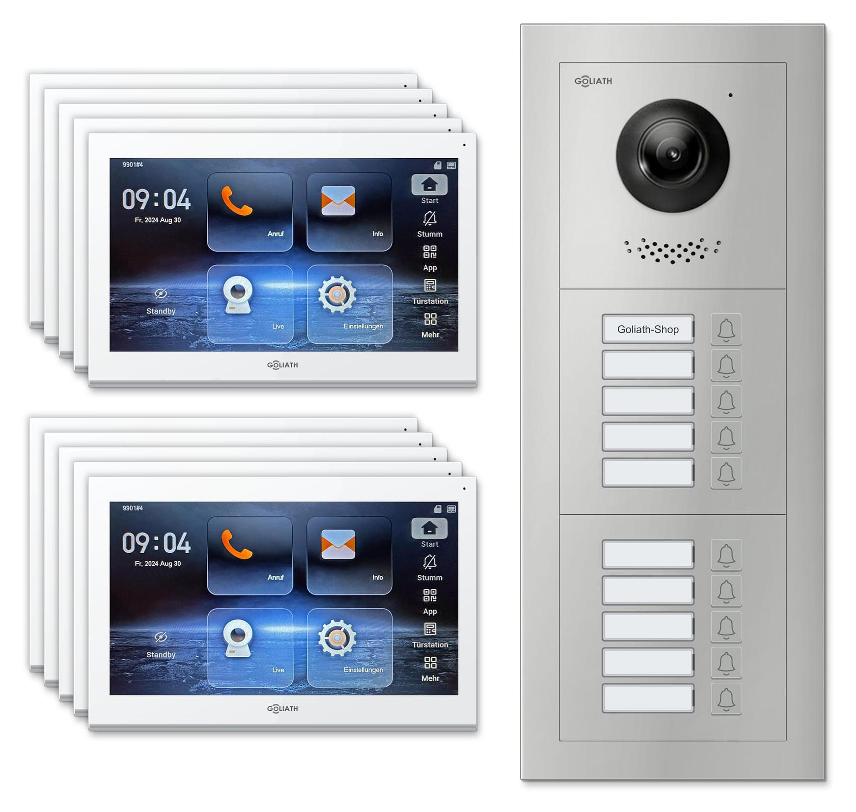 Goliath Premium IP GL-IPH1000 Video-Türsprechanlage, 10 Familien, 10× 10 Zoll Weiß, Silber, Unterputz