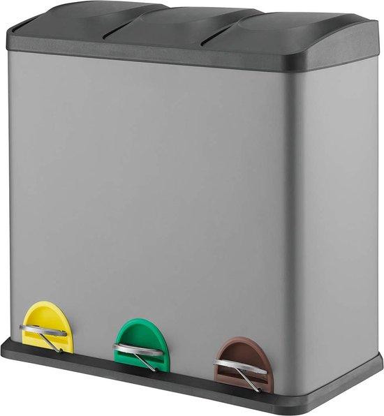 Famanu afvalbak 45 liter grijs met 3 compartimenten van 15 liter en pedaalmechanisme
