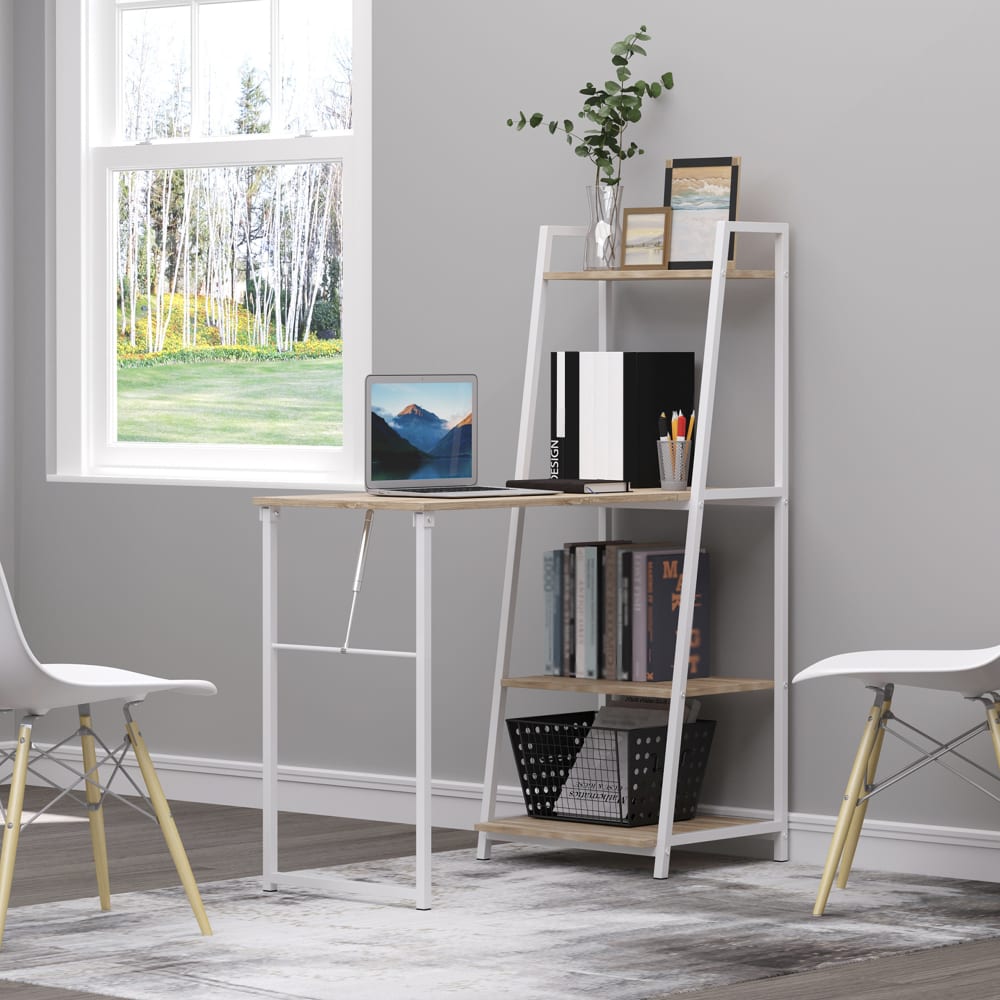 Homcom Bureau pliable rabattable bibliothèque aspect chêne clair métal blanc Beige 106x128x48cm