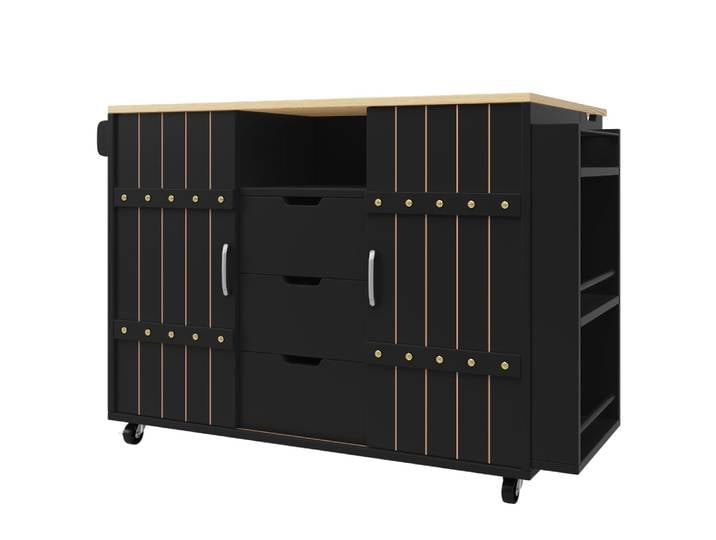 Îlot de cuisine noir avec plateau pliable, roulettes, portes
