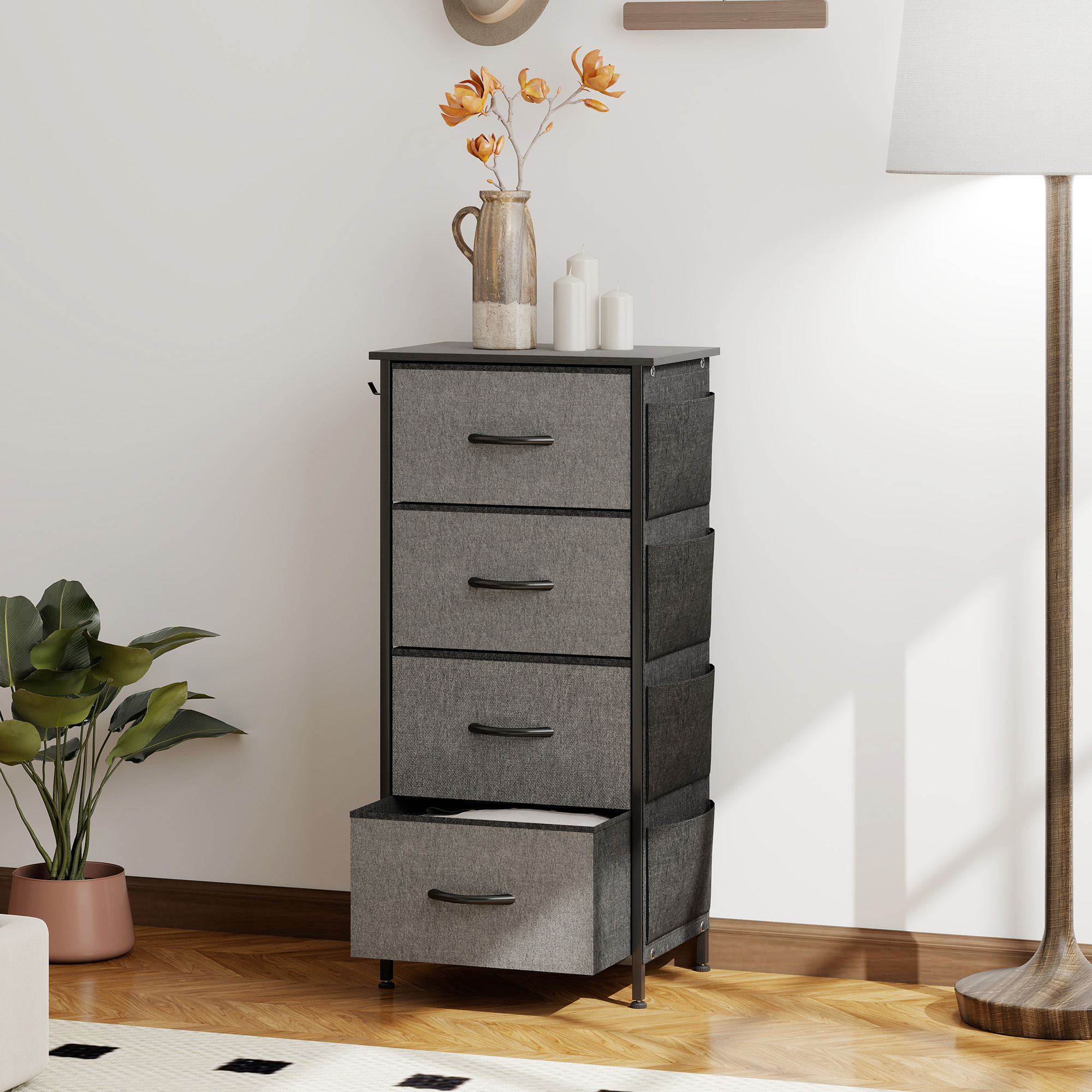Homcom Cassettiera in tessuto con 4 cassetti, 4 tasche e 2 ganci, 45x30x94,5 cm, grigio   Aosom Italy