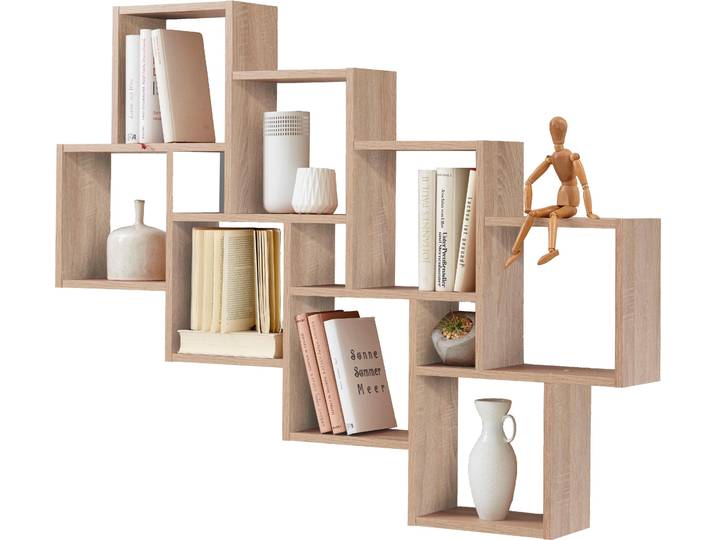 Wandregal FMD Lauri , braun (eichefarben), B:94,2cm H:120,8cm T:15,6cm, Holzwerkstoff, Regale, Wandregal, Wandregal mit elf Ablageflächen, Tiefe 15,6 cm