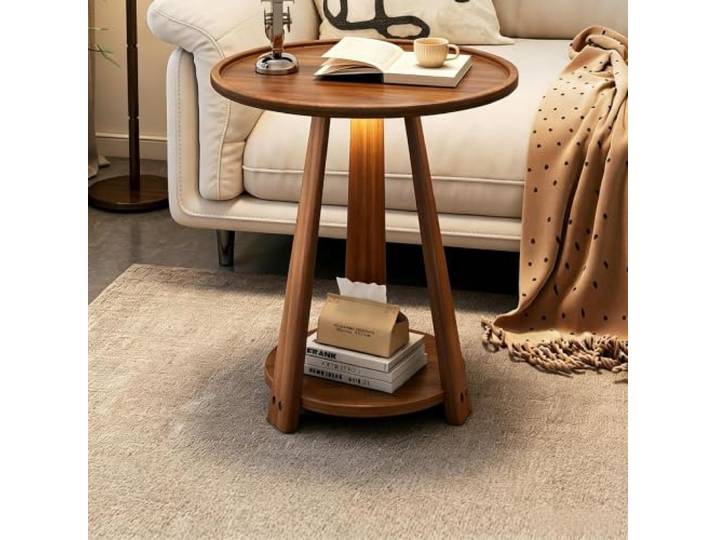Runder Beistelltisch Massivholz Hochrand 2 Ebenen 2 Größen Massivholz Nachttisch mit Regal für Wohnzimmer(A,40x60cm/15.7x23.6in)